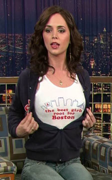 Eliza Dushku shows off her Boston t-shirt on the Letterman show
