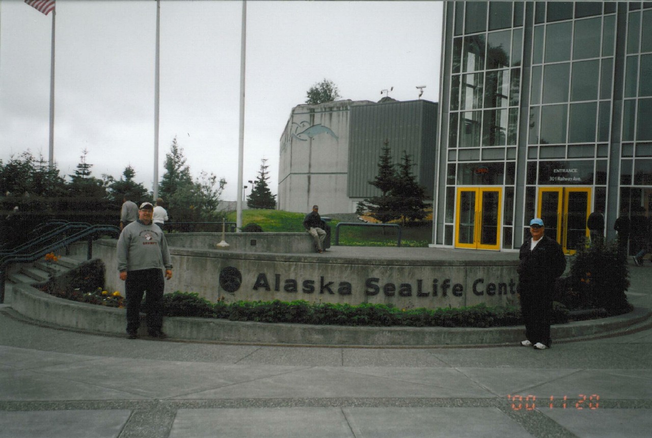 My dad and I in front of Alaska Sea Life Center - I'm wearing the grumpy shirt