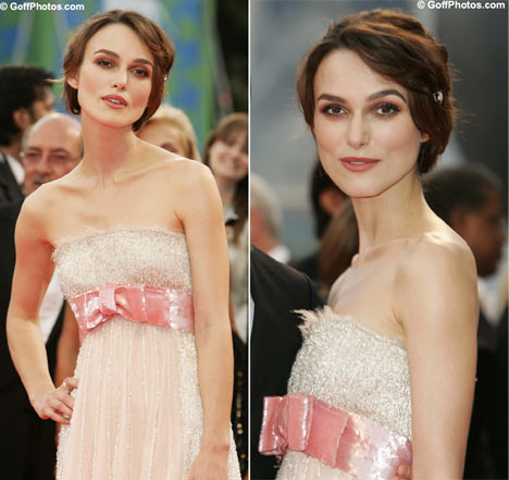 Keira Knightly shows up in pale peach gown with a bow