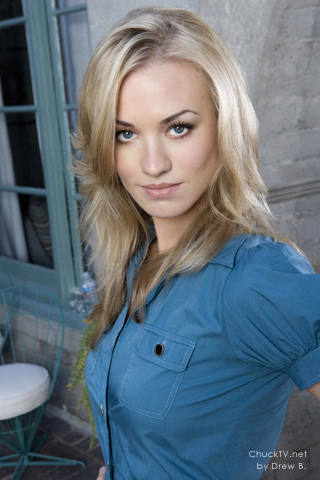Yvonne Strahovski in blue button down shirt