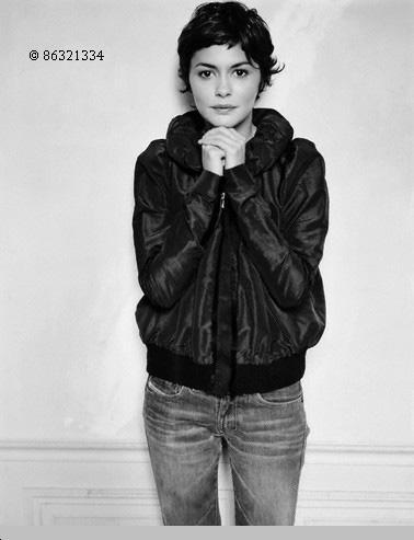 Audrey Tautou - jeans and black satin coat